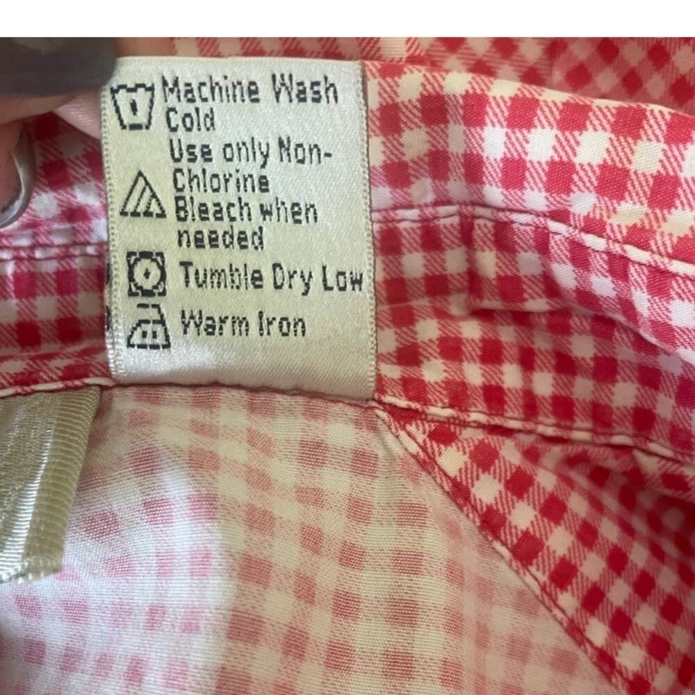 Lemon Grass Red White Gingham Button Down Shirt 3/4 Sleeve Top - Picture 5 of 5